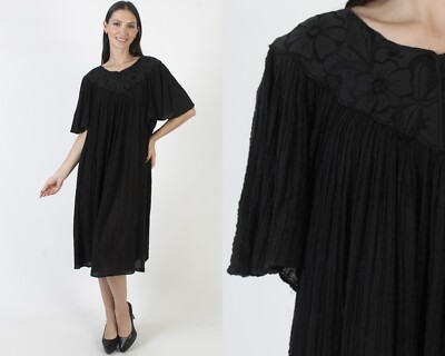 Womens Sheer Black Gauze Dress Angel Kimono Sleeve Midi Dress Caftan Cover  Up