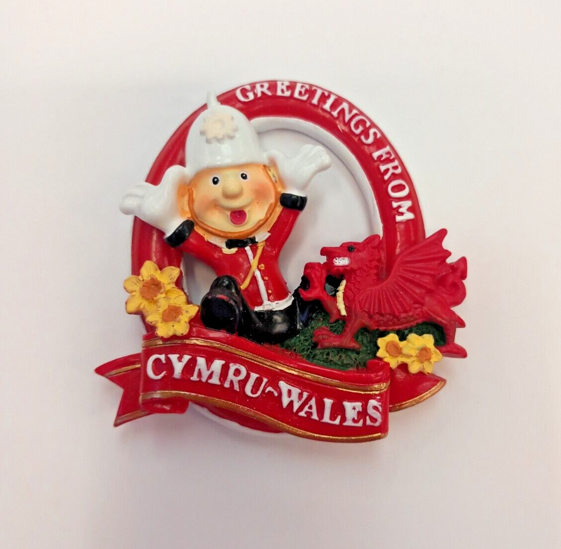 Greetings from Cymru-Wales Fireman Dragon Daffodil Magnet Souvenir Welsh Gift