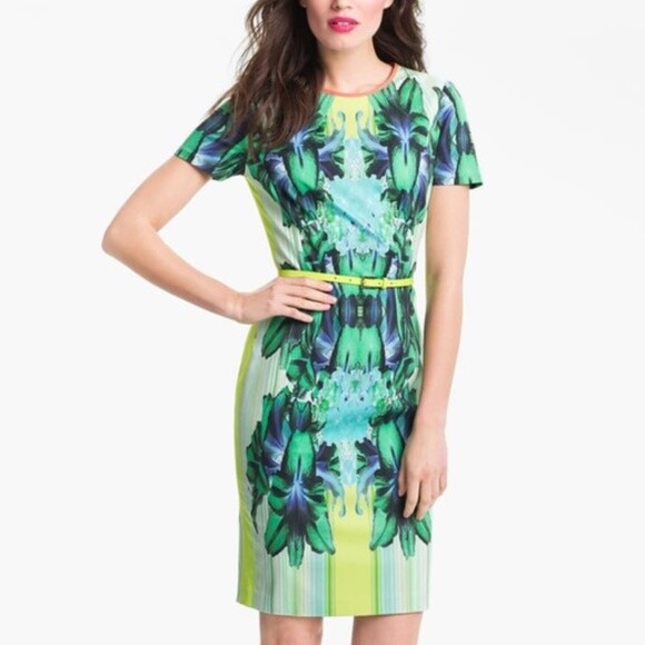 EUC Elie Tahari Angie Mirror Orchid sheath green lime floral dress 2 $398 |  eBay