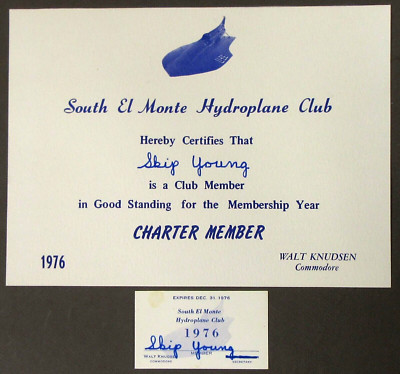 1976 SOUTH EL MONTE HYDROPLANE CLUB U-14 Certificate & I.D. Card boat racing
