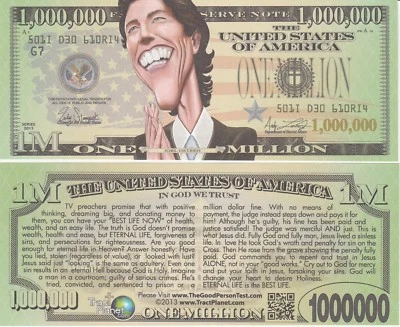 Joel Osteen Million Dollar Bill Tract Play Funny Money Novelty Note +FREE SLEEVE