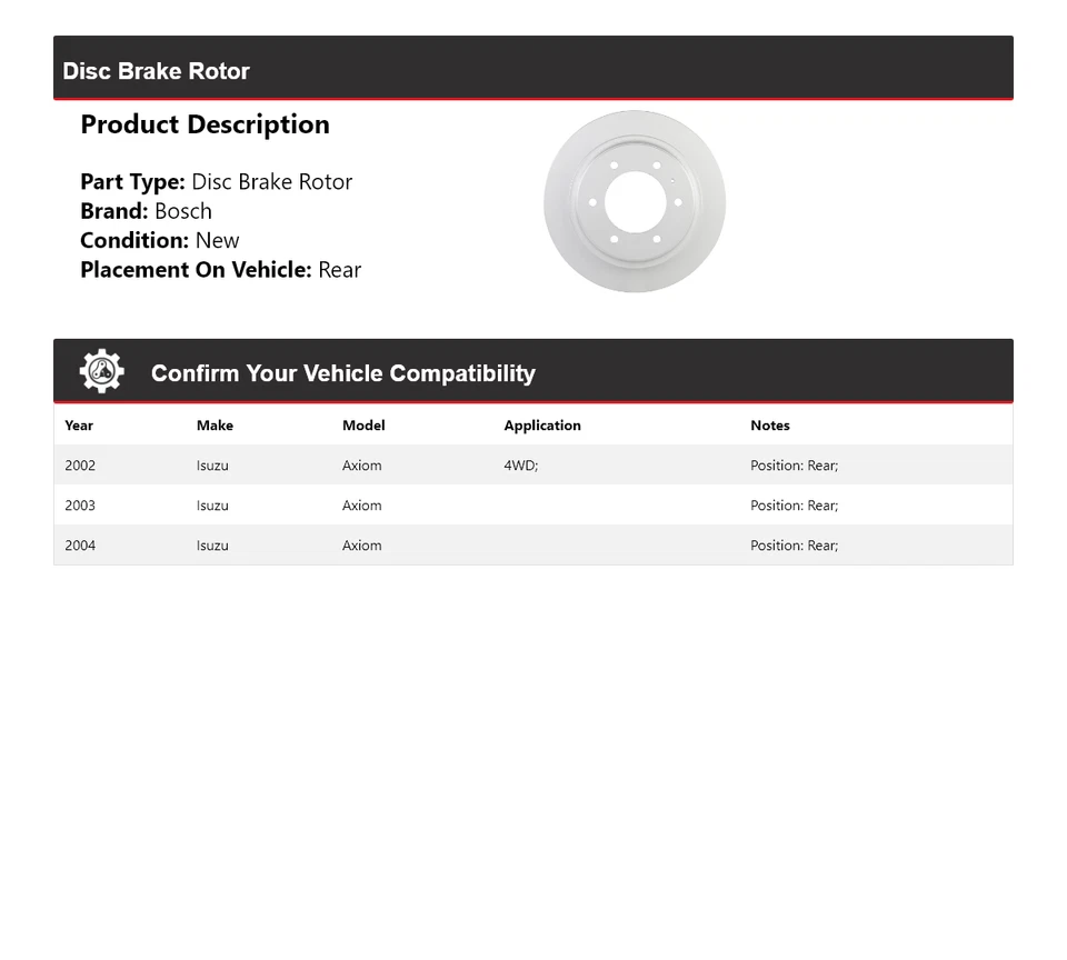 For 2002-2004 Isuzu Axiom Bosch QuietCast Disc Brake Rotor Rear 2003 - Image 2 of 4