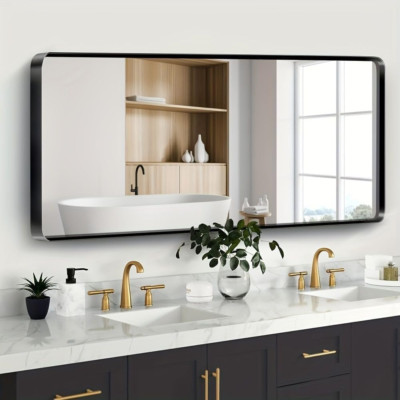 Matte Black Rounded Rectangle Bathroom Mirror, 72x36 Inch, Anti-Rust, Versatile