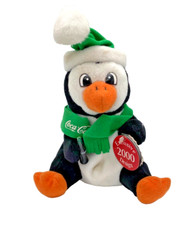 Vintage Coca Cola 2000 Y2K Penguin Plush Collectible Green Scarf & Hat 7"