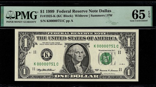 1999 $1 Federal Reserve Note Low 3 digit Serial Number Dallas K00000751C PMG65 - Picture 2 of 4