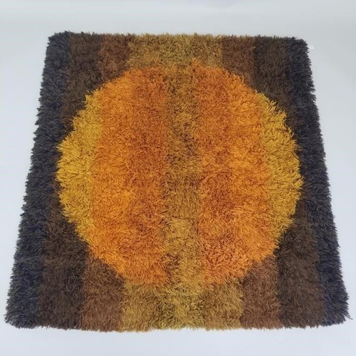60's Mid Century Blekingerya Rya Wool Rug / Wall Hanging Yellow Orange Brown