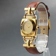 [Almost MINT] Vintage GUCCI 6300L Quartz Gold Dial Brown 22mm Women's Watch