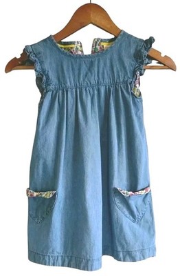 Mini Boden Denim Chambray Dress Girls 4-5Y Floral Lined  Cotton Flutter Sleeve 
