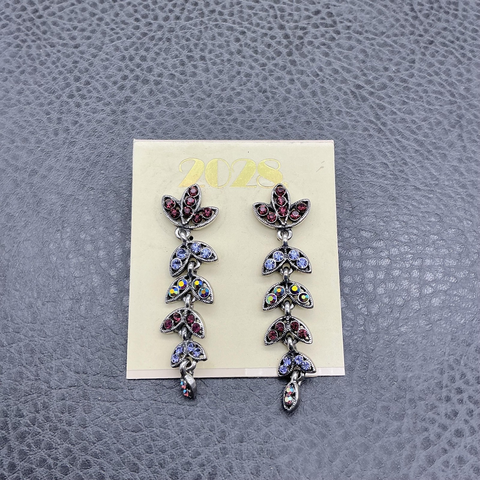 2028 Leaf Vine Dangle Earrings Silver Tone Multicolor Rhinestone Womens 2 Inch
