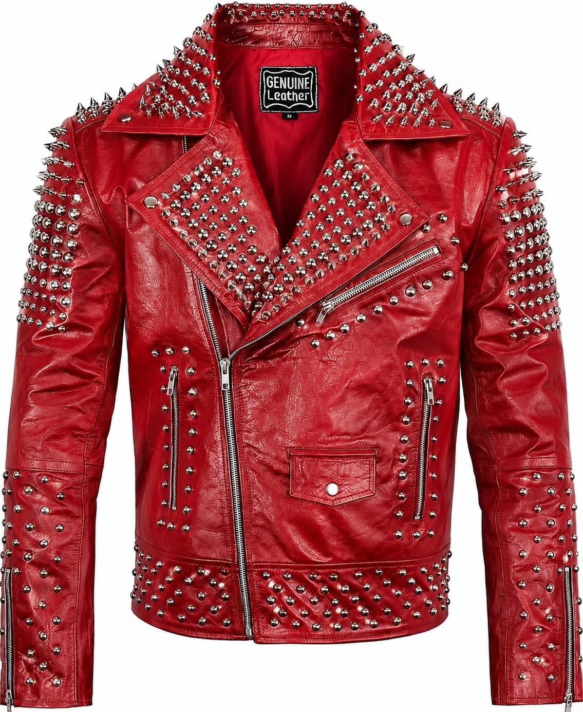 Chaqueta de motociclista de cuero genuino con tachuelas rojas, chaqueta de motocicleta punk rock