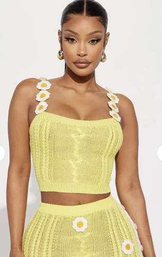 Vibrant Yellow Knit Top.features Floral Straps.ideal For Warm Weather