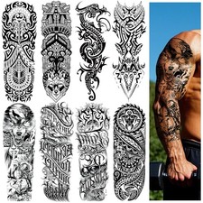 Black Temporary Full Arm Men's Tattoos Adults Scary Totem Design Temporary
