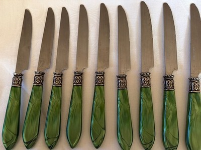 Lot 9 Pieces Cambridge Cameo Marble Green Handle Flatware