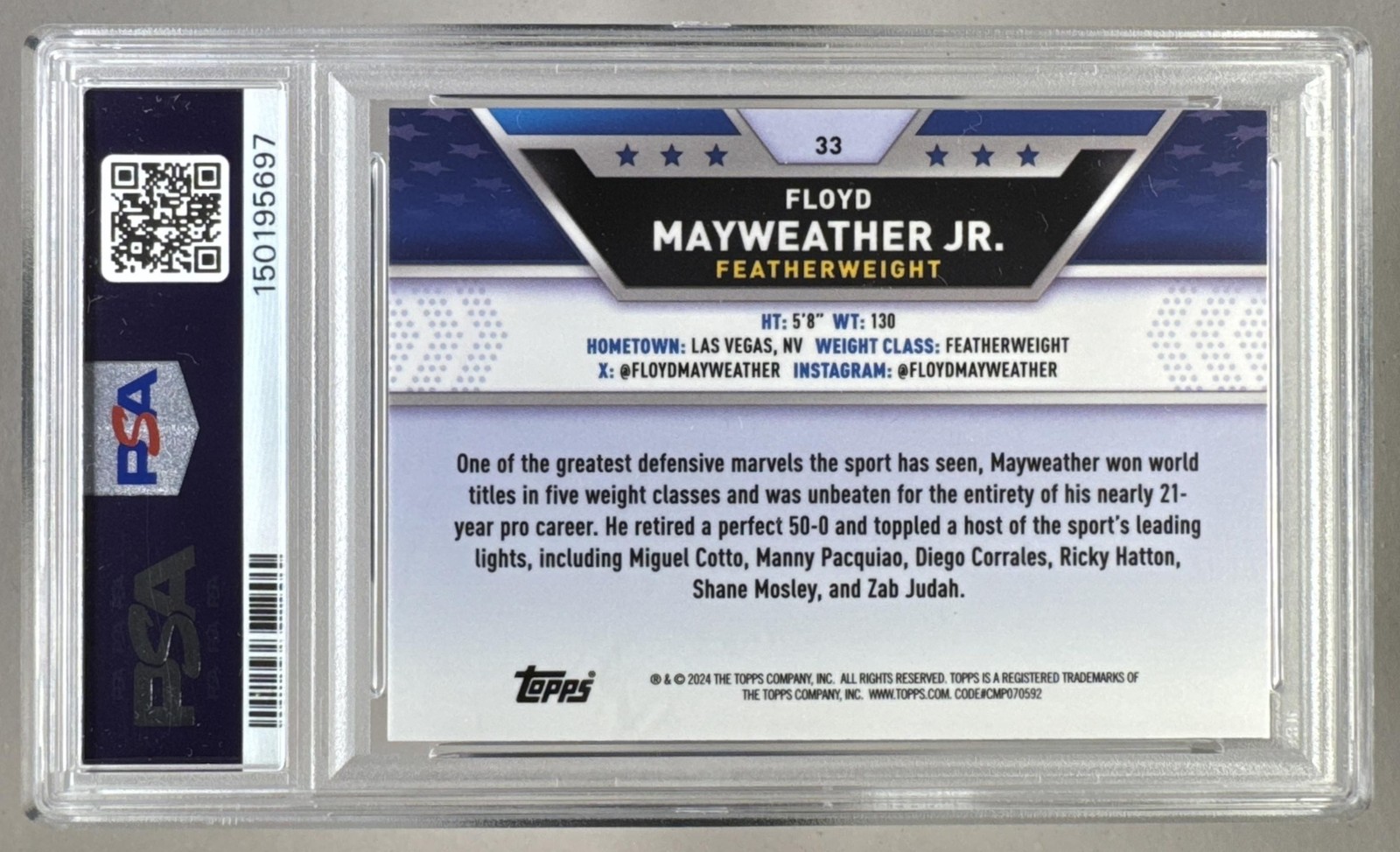 150195697 Floyd Mayweather Jr 2024 Topps Chrome #33 Blue Refractor /125 PSA 9 view 2
