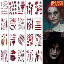 154 PCS Halloween Scar Temporary Tattoos - Horror Zombie Makeup Realistic Fake B