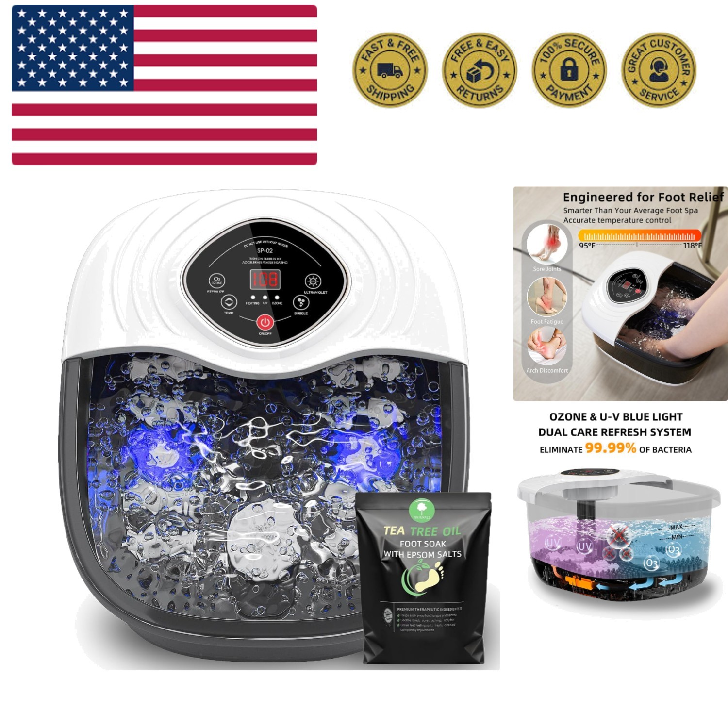 Foot Spa Bath Massager with Heat, UV & Ozone Bubbles,Shiatsu
