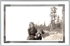 Vtg B&W Snapshot Girl Sitting Outdoors Lake Woods Dog Bordered Border Photo