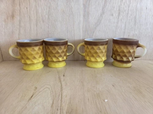 Vntg set of 4 Anchor Hocking Fire King Brown Yellow Ombre Coffee Mug Kimberly