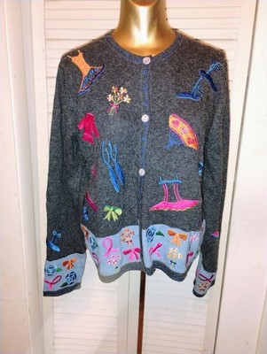 Gray Silk Cashmere Angora Michael Simon Lite Spring Flowers Cardigan Sweater L
