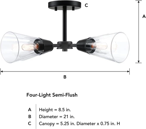 Matte Black 21" 4-Light Semi-Flush Ceiling Light Fixture by Norro - Picture 8 of 9