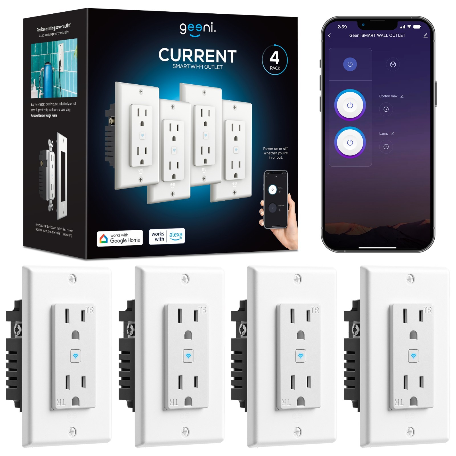 Geeni Smart WiFi In-Wall Outlet 4 Pack, Works w/ Alexa Google, 2.4GHz, White