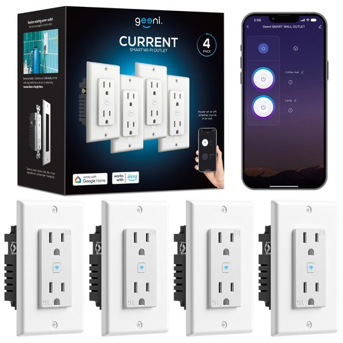 Geeni Smart WiFi In-Wall Outlet 4 Pack, Works w/ Alexa Google, 2.4GHz, White