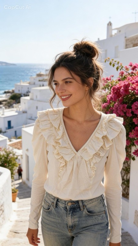 by Anthropologie Ruffle V-Neck Puff Sleeve Knit Top Cream S