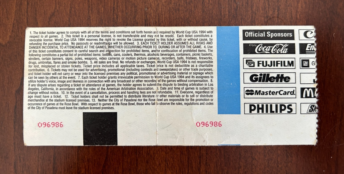 1994 FIFA World Cup Final Ticket– Rose Bowl, 7/17/1994 – “JPremr