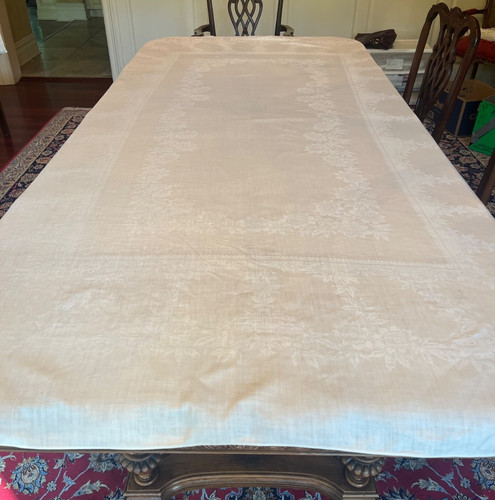 Vintage Medium WHITE LINEN DAMASK TABLECLOTH - 66" x 102", Flowers, small spots