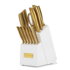 CUISINART Cutlery Classic 15pc Knife Block Set, GOLD Knives. WHITE Block, NIOP