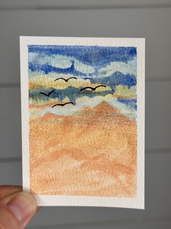 Original Mountain Landscape ACEO Mini Watercolor Painting Sunset Mountain Birds