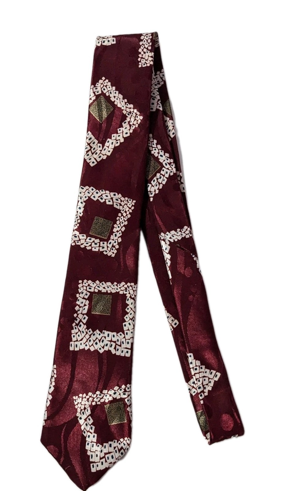 Vintage BUGLE BOY Men’s Tie Burgundy Geometric Slim Width Thin Polyester USA