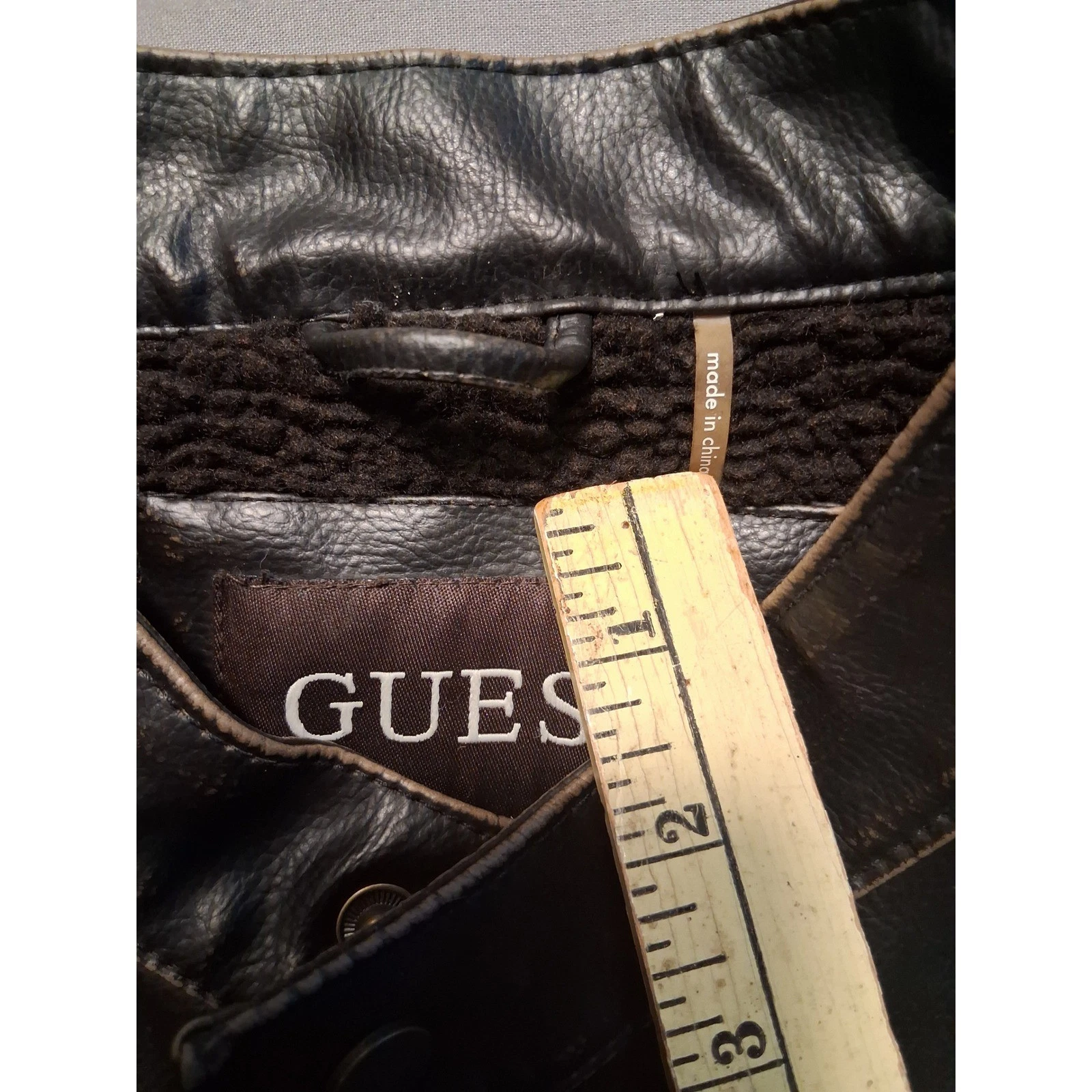 Guess Jacket Mens L Dark Brown Leather Cafe Racer Sherpa Lined Full Zip - product detail image 11