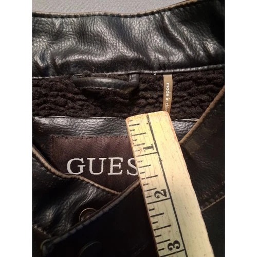 Guess Jacket Mens L Dark Brown Leather Cafe Racer Sherpa Lined Full Zip image 11