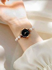 Girls Rose Gold Pearl Bracelet Quartz Watch Black Dial Rhinestone Accent...