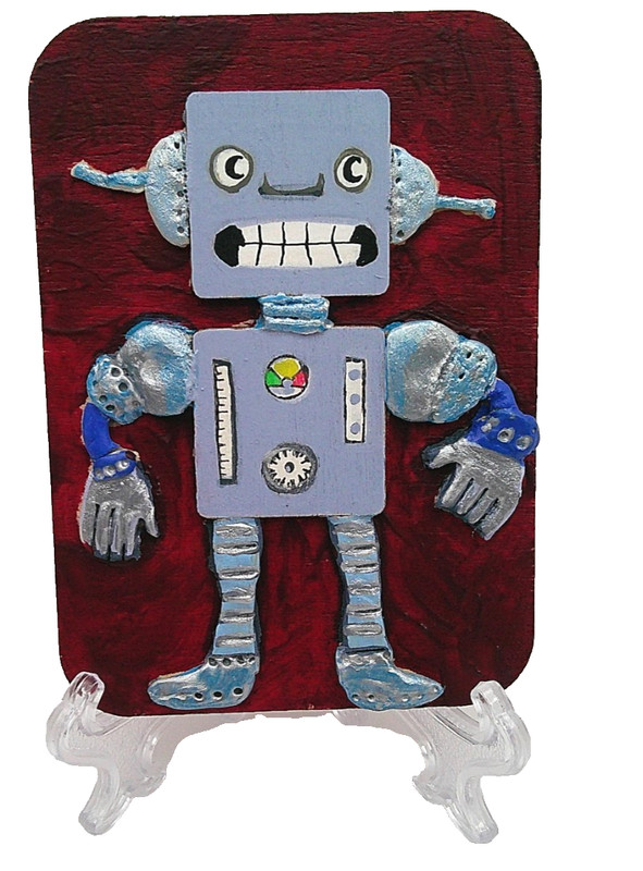 Red Room Robot Folk Art Original Mixed Media ACEO Technology Potocki 2.5x3.5