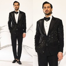Black Men's Suits Peak Lapel Jacket Luxury Beaded 2Pcs Prom Dinner Party Coat