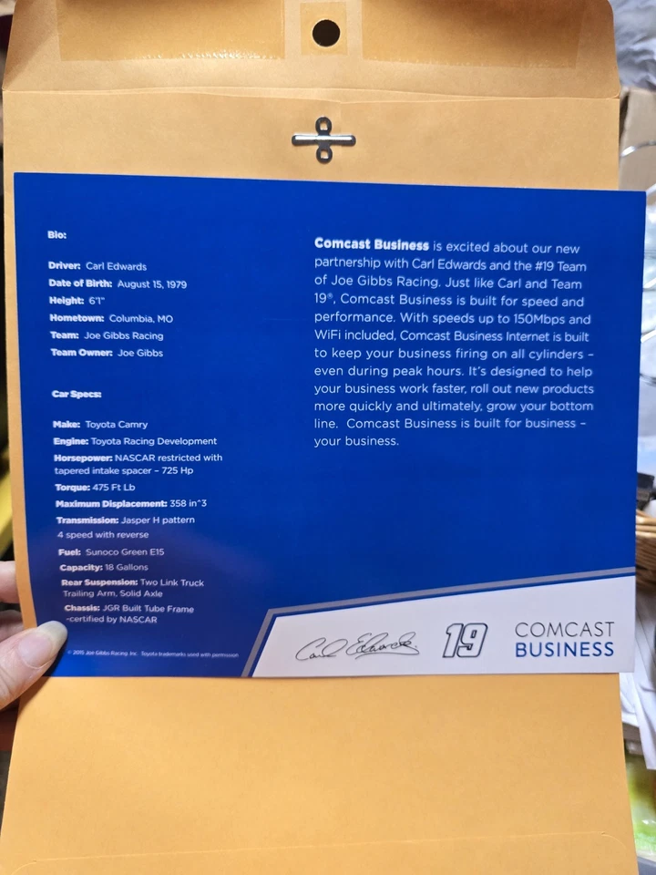 Carl Edwards 2015 Comcast Business #19 Nascar  Postcard Autographed   - Image 2 of 2