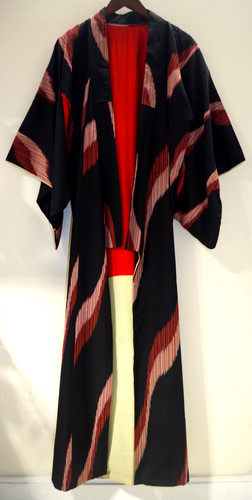 W4 NEW Antique Japanese Silk Meisen Awase Kimono Robe Abstract Kasuri Ikat Wave