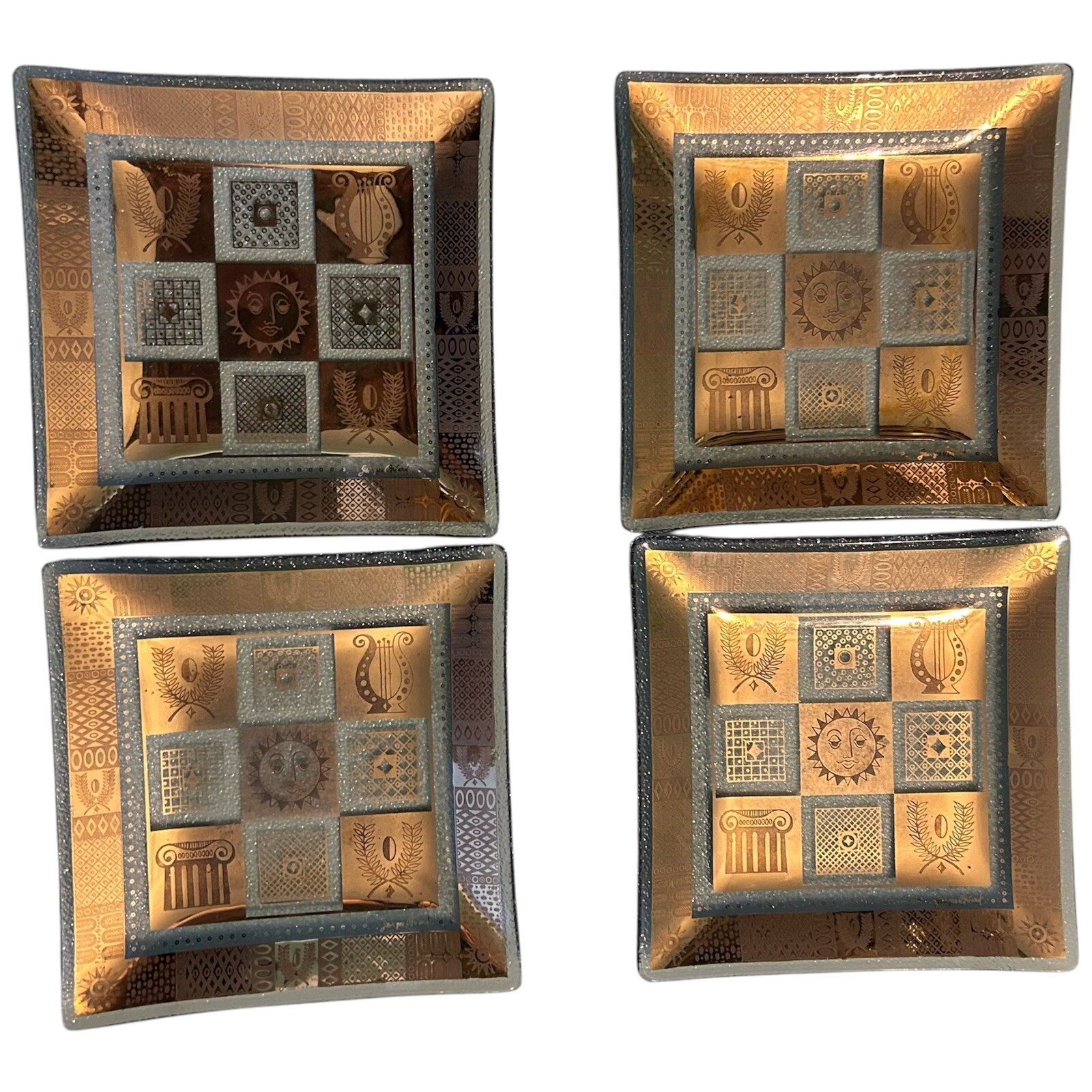 Mid Century MCM Georges Briard Square Bent Glass Dish Gold Sun Lyre Motif