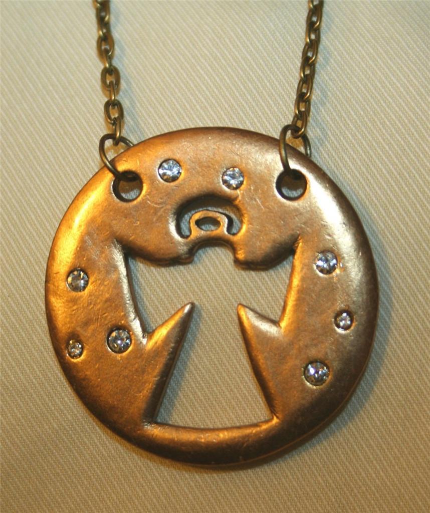 Handsome Large Cutwork Brasstone Angel Pendant Round Rhinestone