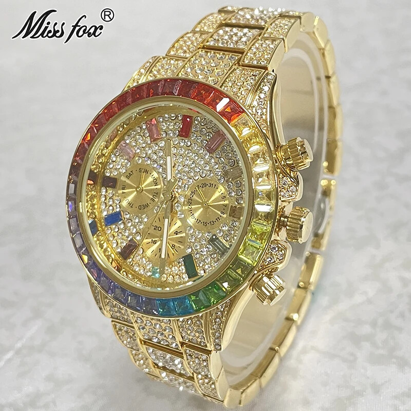 2025 Luxury Gold Watch Mens Fashion Rainbow Diamond Waterproof