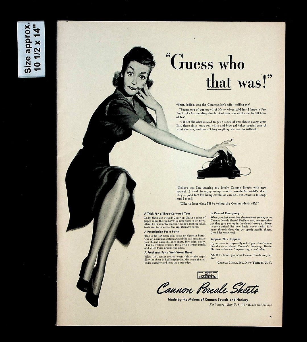 1944 Cannon Percale Sheets Home Woman Phone Tear Vintage Print Ad 