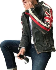 Men Motorcycle Vintage Racer Union Jack Lambskin Leather Black Distressed Jacket