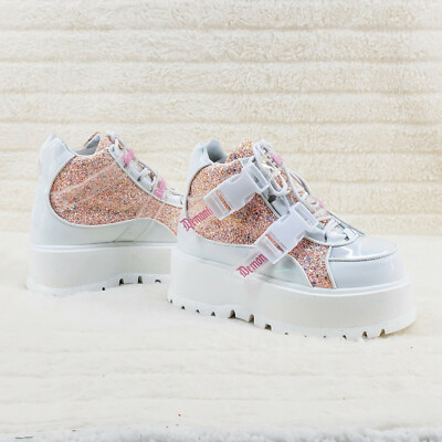 DEMONIA Slacker 50 White Pink Glitter Platform Sneaker Ankle Boots