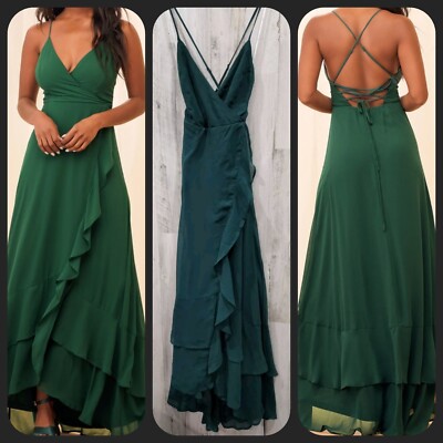 LULUS In Love Forever Emerald Green Lace Up High Low Maxi Dress Size SMALL**NWOT