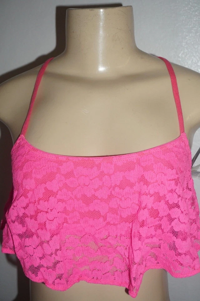 NUEVO CON ETIQUETAS HOLLISTER MUJER GILLY HICKS MAGENTA ROSA ENCAJE VOLANTES CROP TOP BRALETTE L Foto 4 de 4