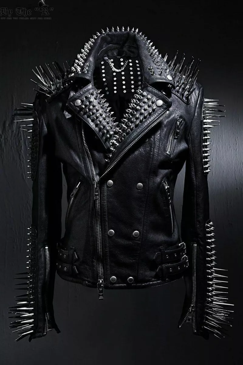 Mens Rock Full Metal Spiked Studded Black Leather Jacket Veste en cuir homme