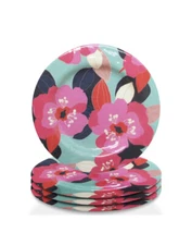 New! Trina Turk Floral Melamine Dinner Plate Set of 4 Floral Pink Green Black