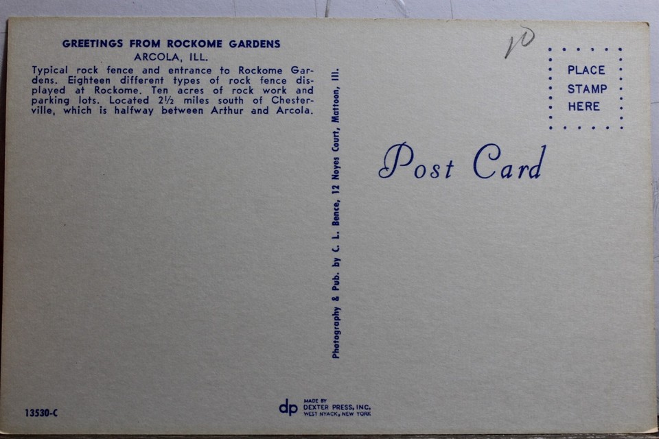 Illinois IL Arcola Rockome Gardens Greetings Postcard Old Vintage Card